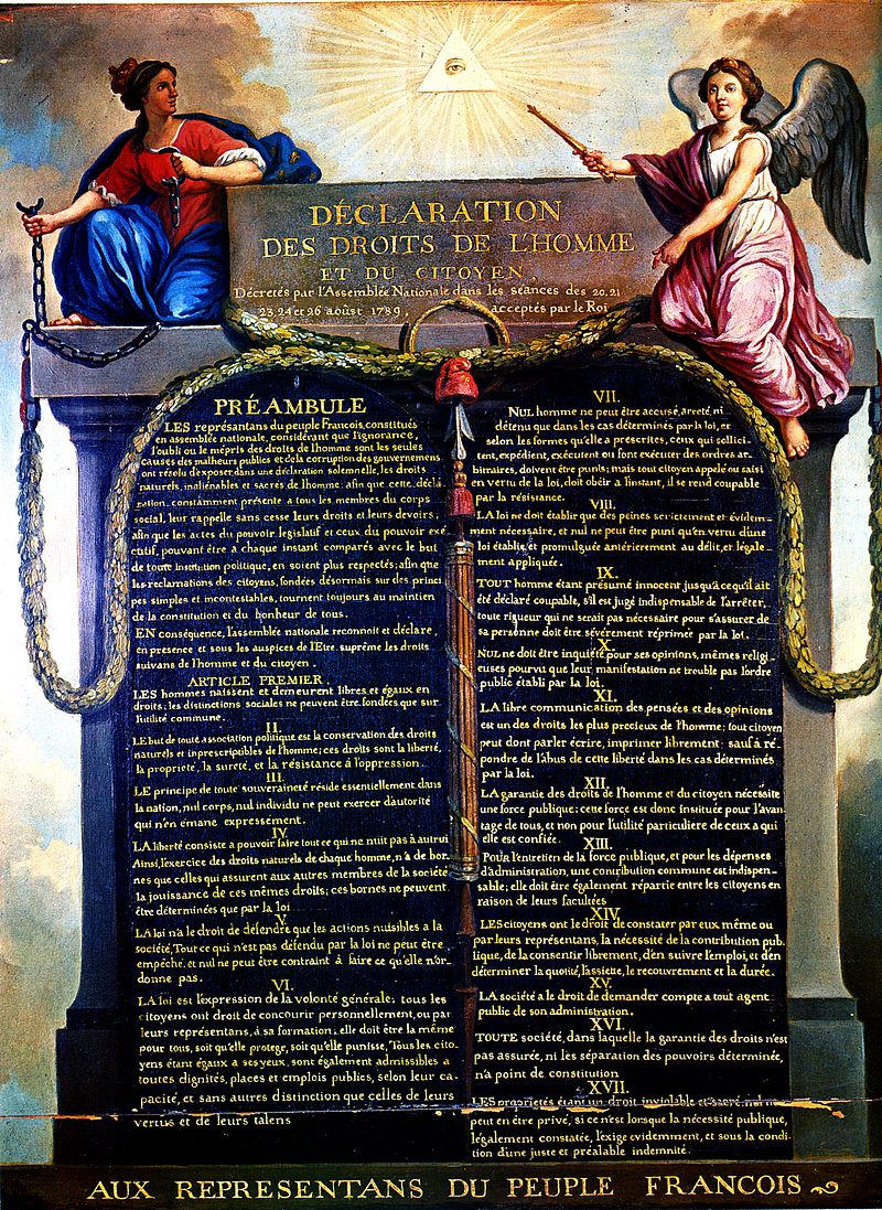 Représentation de la Déclaration des Droits de l'Homme et du Citoyen de 1789, par Jean-Jacques-François Le Barbier. La Monarchie, tenant les chaînes brisées de la Tyrannie, et le génie de la Nation, tenant le sceptre du Pouvoir, entourent la déclaration. Musée Carnavalet - domaine public.