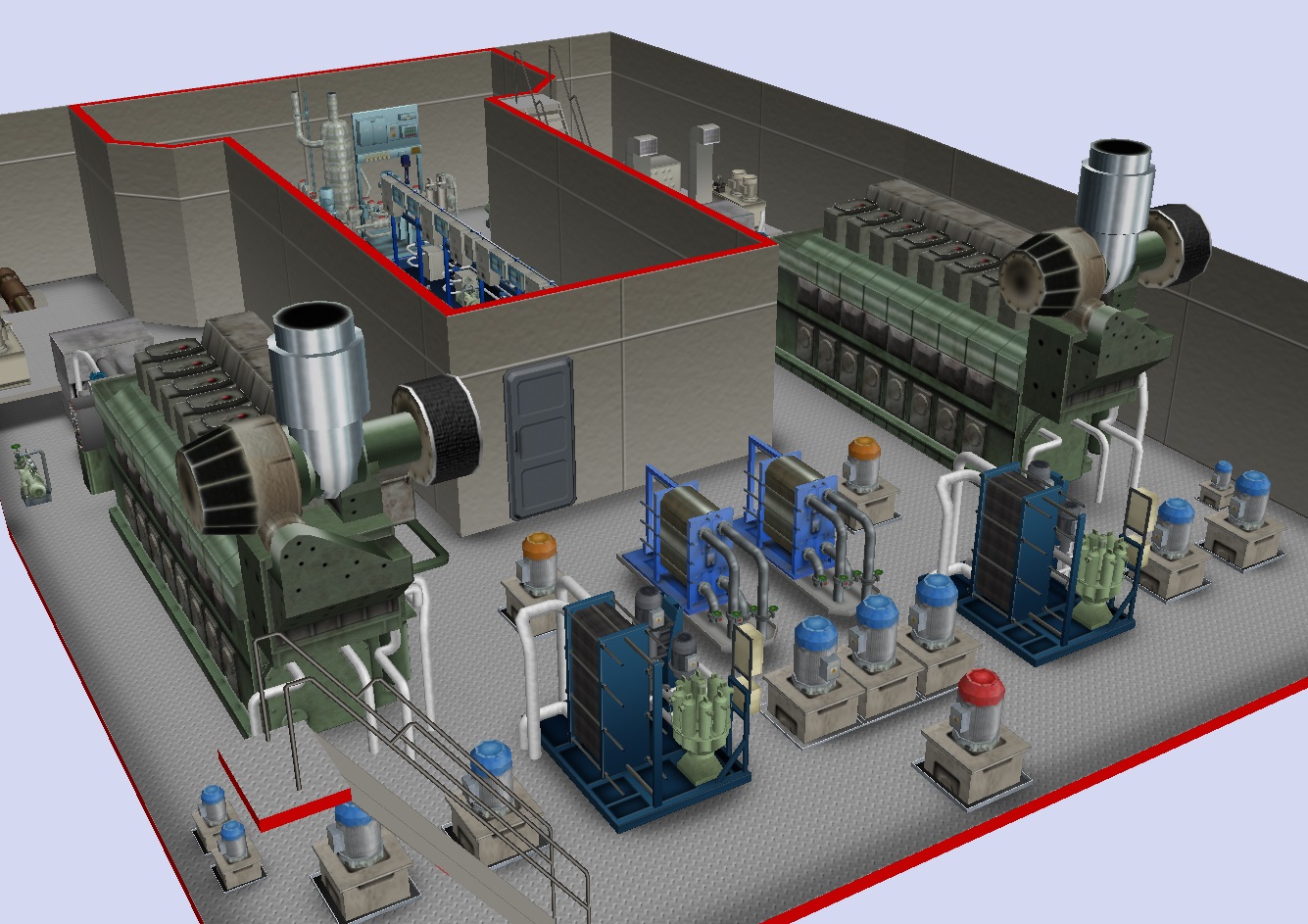 Extrait du simulateur machine Transas : visualisation en 3D de la salle des machines d'un ferry équipé de deux moteurs Diesel suralimentés à 8 cylindres en ligne.